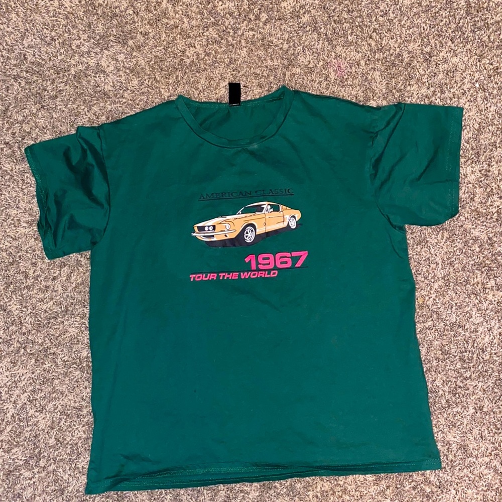 SHEIN, green, XL shirt, “tour the world” with a car on it